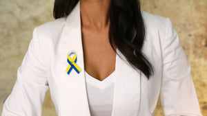 25 Pack Satin Blue & Yellow Ribbon Pins (25 Pins) - Fundraising For A Cause