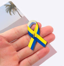 Load image into Gallery viewer, 25 Pack Satin Blue &amp; Yellow Ribbon Pins (25 Pins) - Fundraising For A Cause