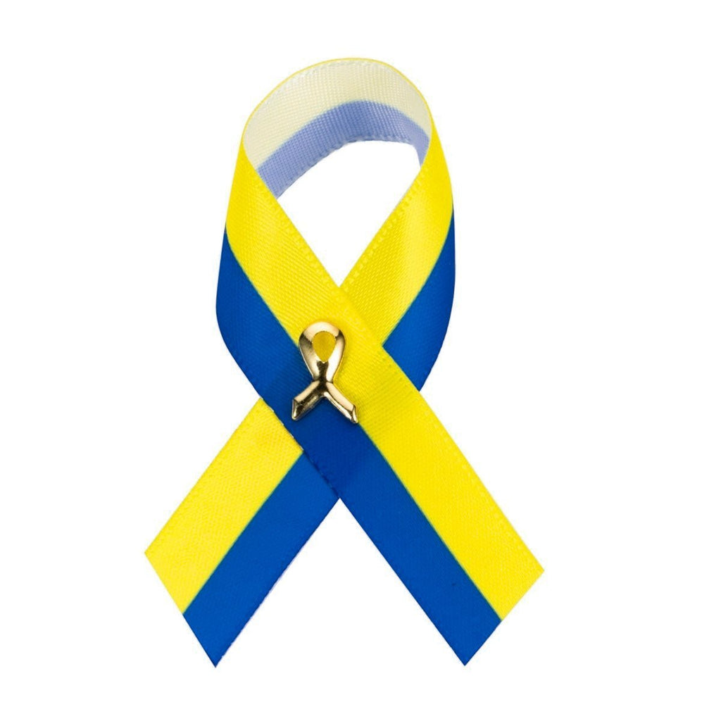 25 Pack Satin Blue & Yellow Ribbon Pins (25 Pins) - Fundraising For A Cause