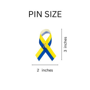 25 Pack Satin Blue & Yellow Ribbon Pins (25 Pins) - Fundraising For A Cause