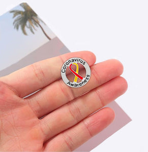 25 Round Coronavirus Disease (COVID - 19) Red & Yellow Ribbon Pins - Fundraising For A Cause