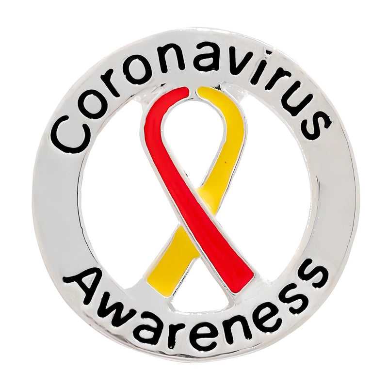 25 Round Coronavirus Disease (COVID - 19) Red & Yellow Ribbon Pins - Fundraising For A Cause