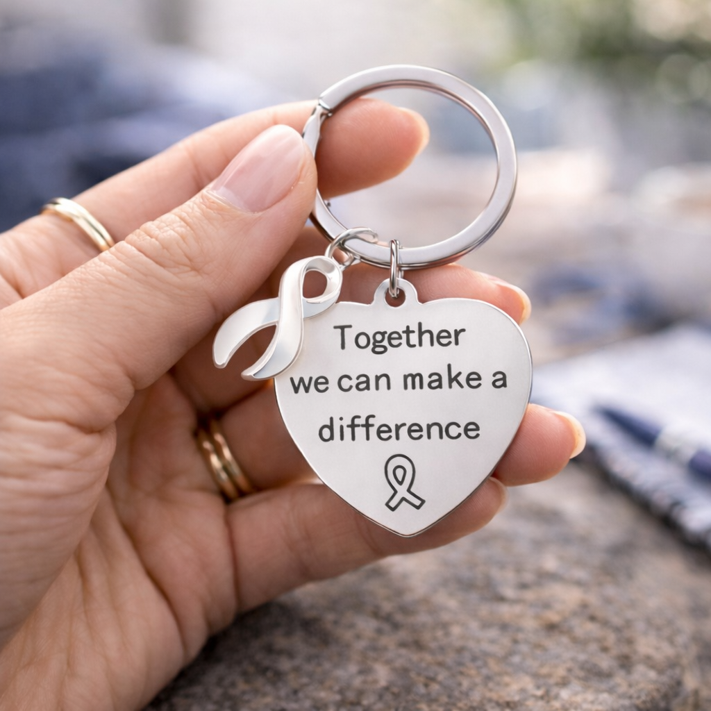 Big Heart White Ribbon Awareness Key Chains - Fundraising For A Cause