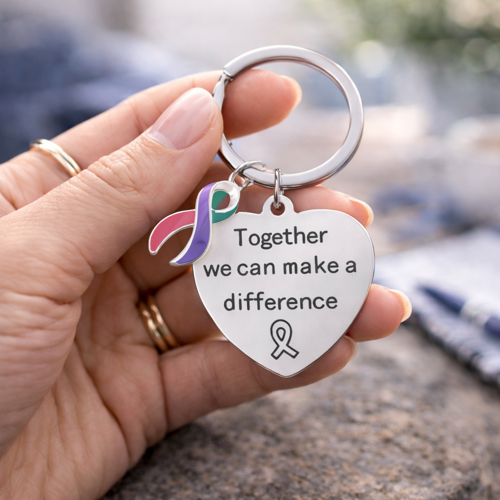 Big Heart Pink & Purple & Teal Ribbon Charm Keychains - Fundraising For A Cause