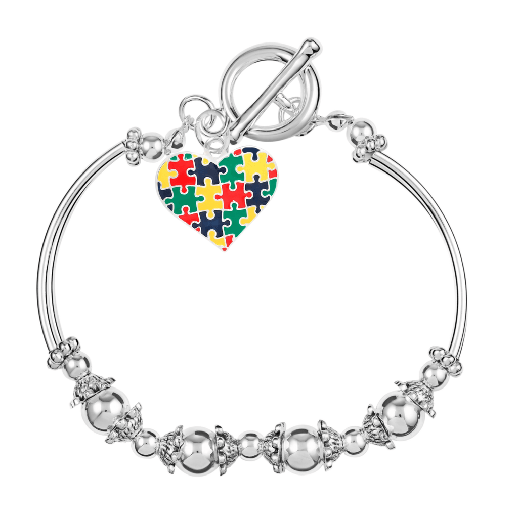 5 Pack Autism Awareness Colored Puzzle Piece Heart Partial Beaded Bracelets (5 Bracelets) - Fundraising For A Cause