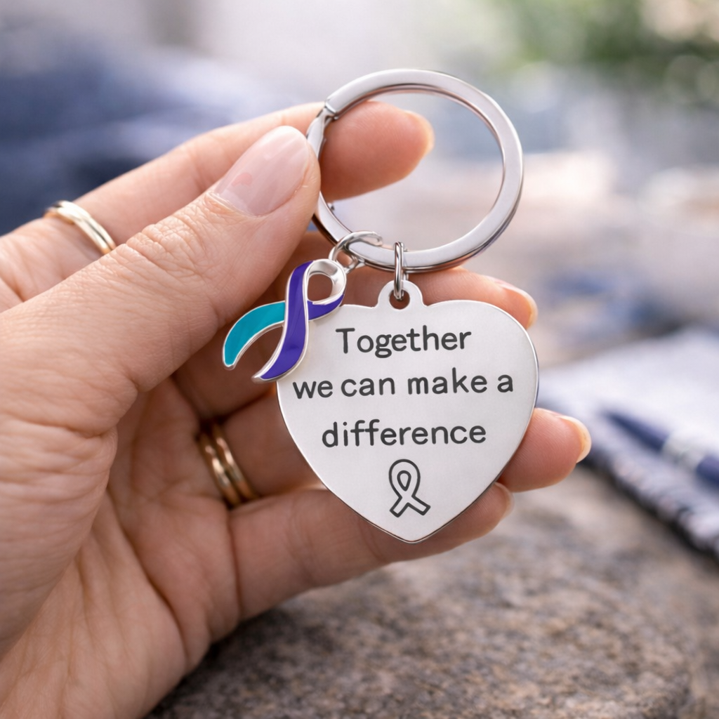 Big Heart Teal & Purple Ribbon Key Chains - Fundraising For A Cause
