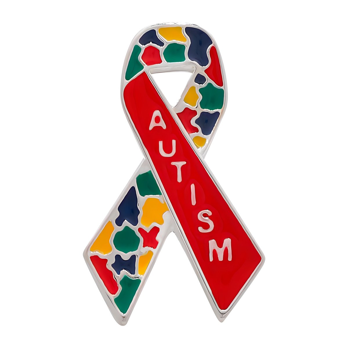Autism awareness ribbon pin with colorful puzzle piece design