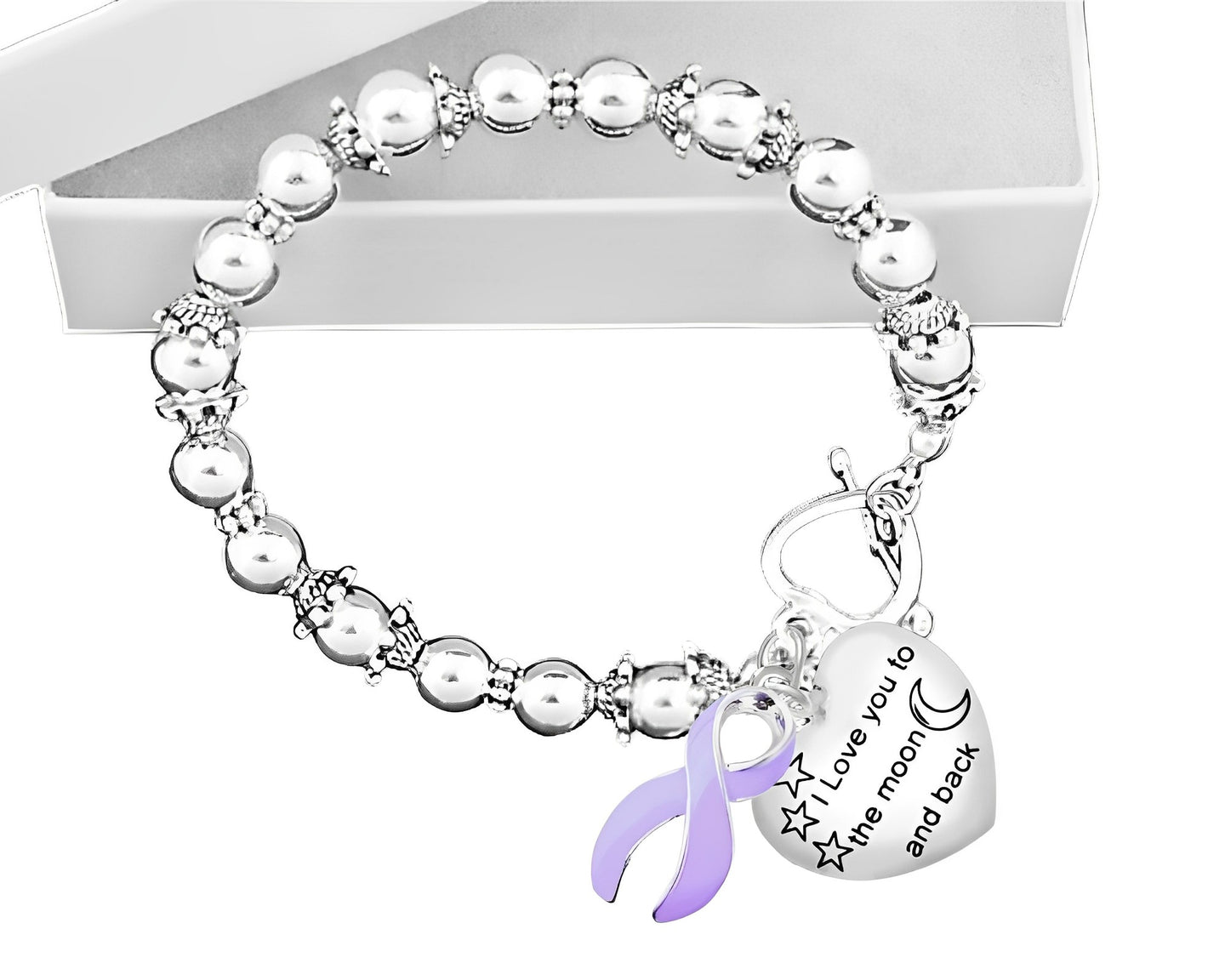 To The Moon And Back Heart Charm Lavender Ribbon Silver Beaded Bracelets - Fundraising For A Cause