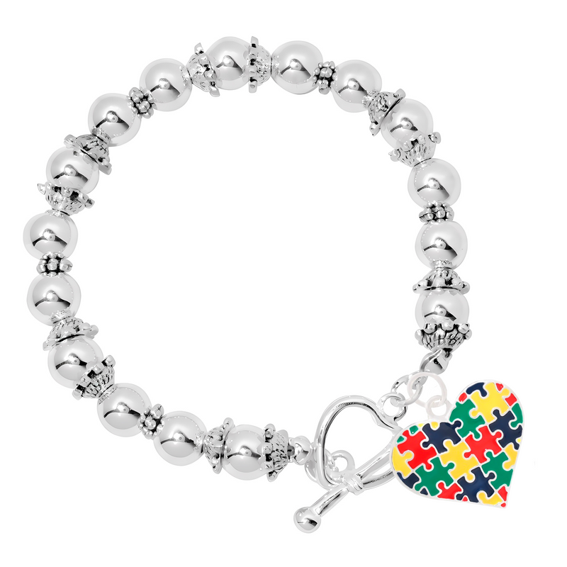 Autism Colored Puzzle Piece Heart Beaded Charm Bracelets