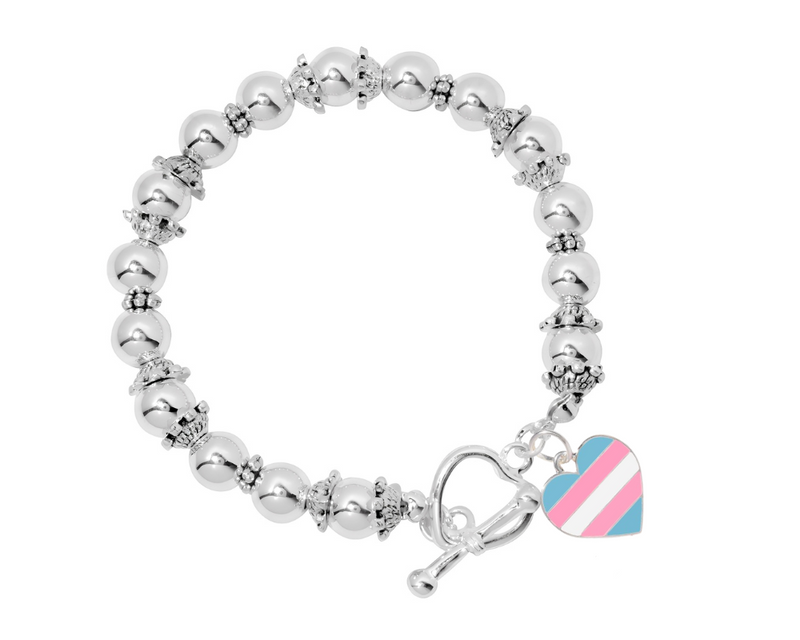 Transgender Heart Flag Silver Beaded Bracelets, Gay Pride Jewelry