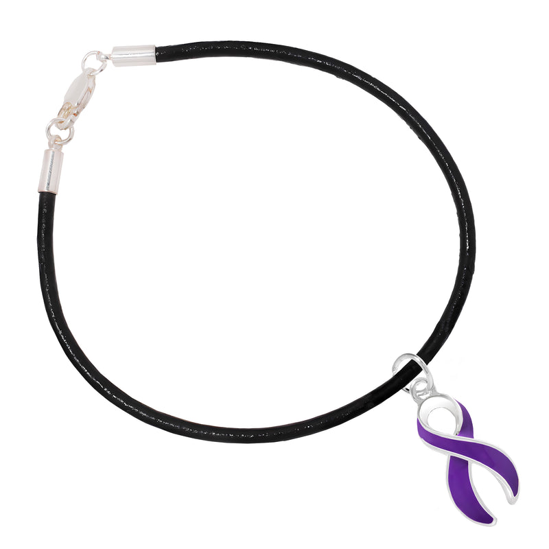 Large Purple Ribbon Charm Black Cord Ribbon Bracelets - Fundraising For A Cause