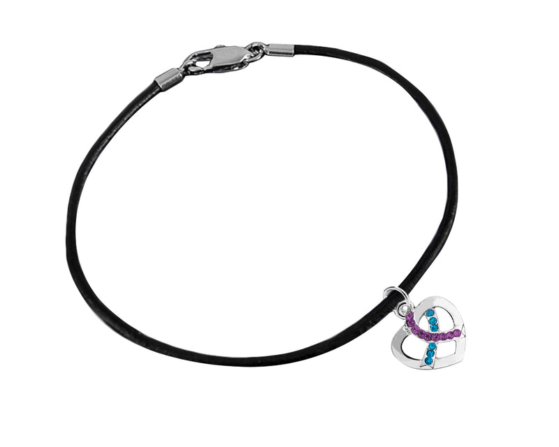 Teal & Purple Ribbon Crystal Heart Leather Cord Bracelets - Fundraising For A Cause