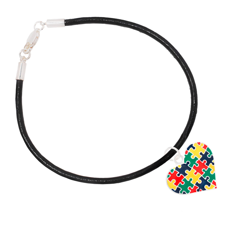 Autism Colored Puzzle Piece Heart Leather Cord Bracelets