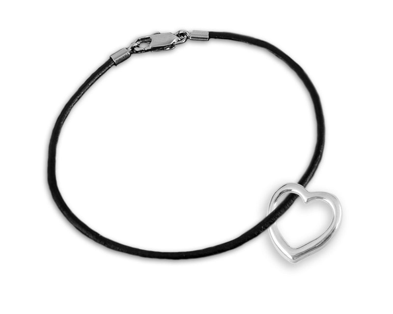 Silver Open Heart Leather Cord Bracelets Wholesale, Jewelry