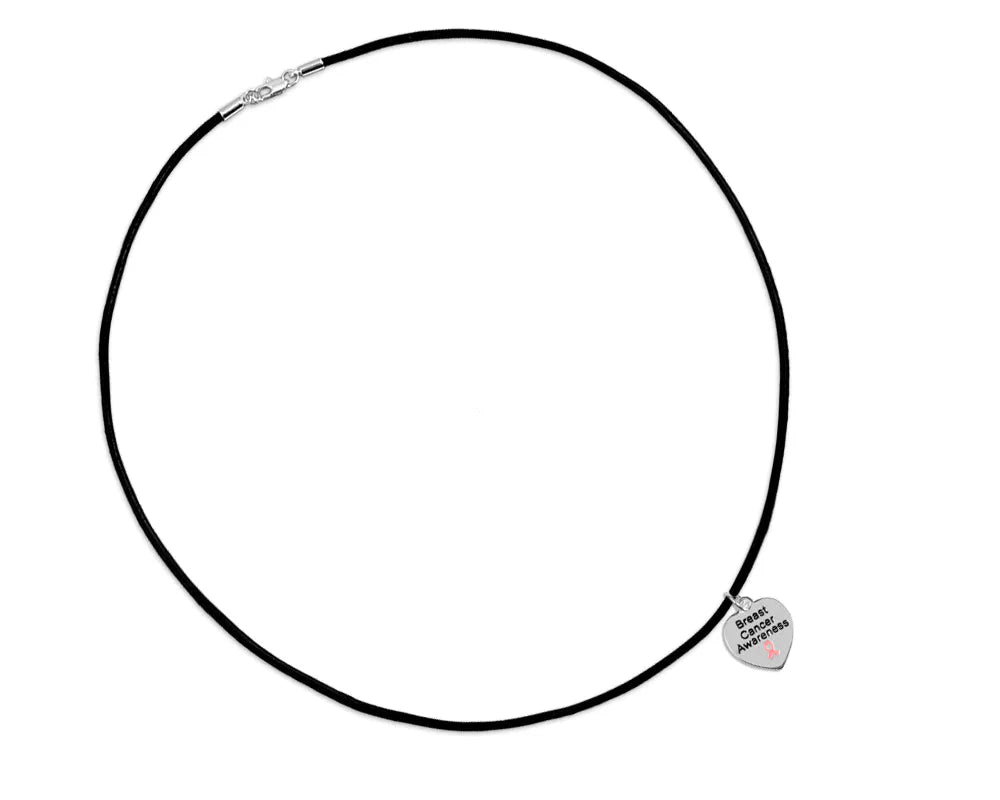 Breast Cancer Awareness Heart Leather Cord Necklaces - Fundraising For A Cause