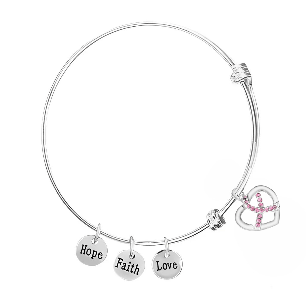 Breast Cancer Crystal Ribbon Retractable Charm Bracelets - Fundraising For A Cause