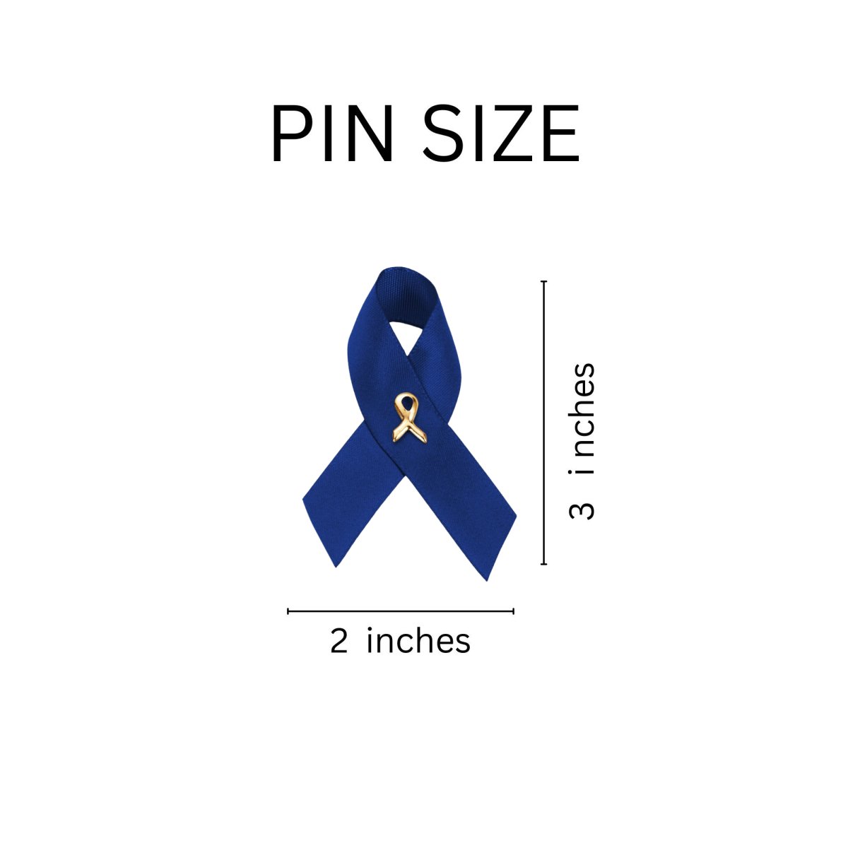 Bulk Satin Colon Cancer Ribbon Pins, Dark Blue Ribbon Pins - Ruler Shot