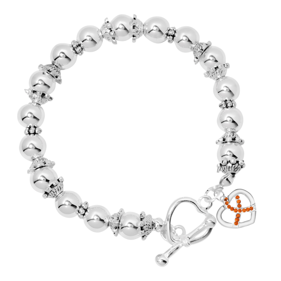 Crystal Heart Orange Ribbon Charm Silver Beaded Bracelets - Fundraising For A Cause