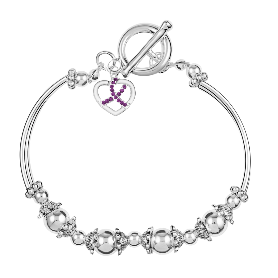 Crystal Heart Purple Ribbon Charm Partial Beaded Bracelets - Fundraising For A Cause