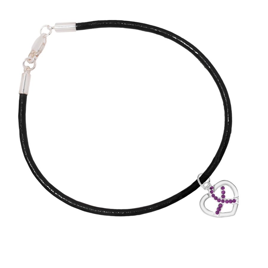 Crystal Heart Purple Ribbon Leather Cord Bracelets - Fundraising For A Cause