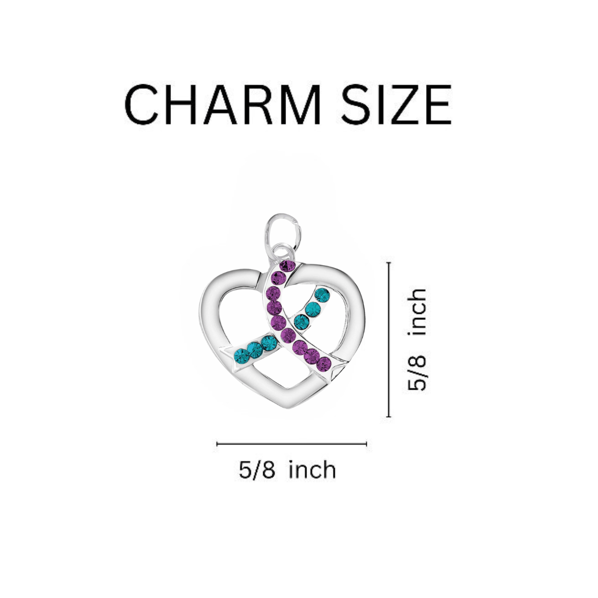 Crystal Heart Teal & Purple Ribbon Charm Silver Beaded Bracelets - Fundraising For A Cause