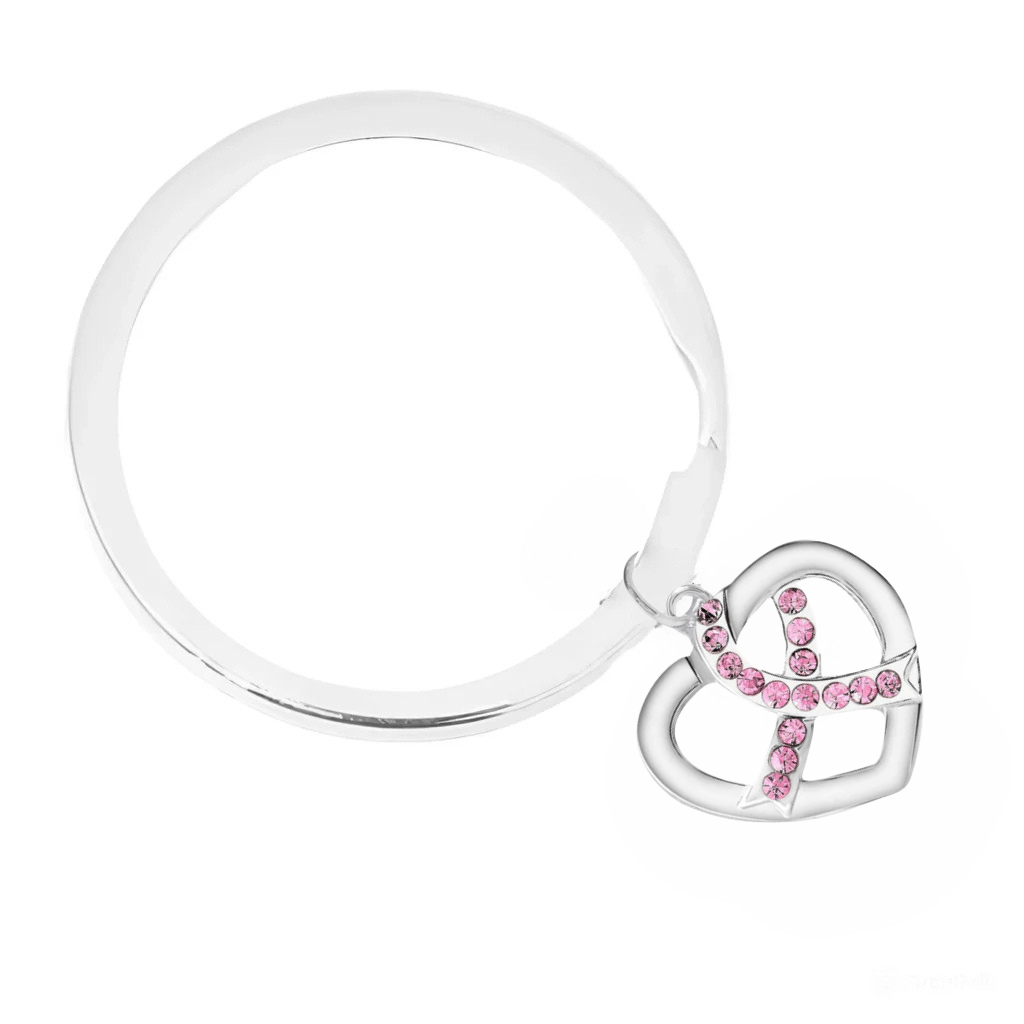 Crystal Pink Ribbon Silver Heart Split Style Key Chains - Fundraising For A Cause