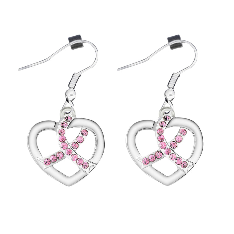 Pink Ribbon Crystal Heart Hanging Earrings