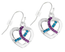 Load image into Gallery viewer, Teal &amp; Purple Ribbon Crystal Heart Hanging Earrings - Fundraising For A Cause