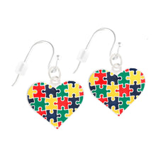 Load image into Gallery viewer, Hanging Autism Colored Puzzle Piece Heart Earrings