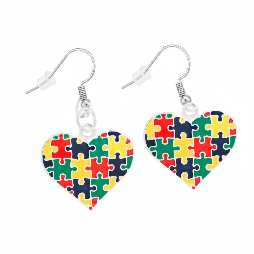 Hanging Autism Colored Puzzle Piece Heart Earrings - Fundraising For A Cause