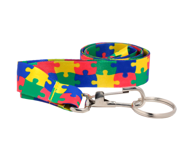 Bulk Autism Awareness Puzzle Piece Pattern Lanyards, Autism Ribbon 