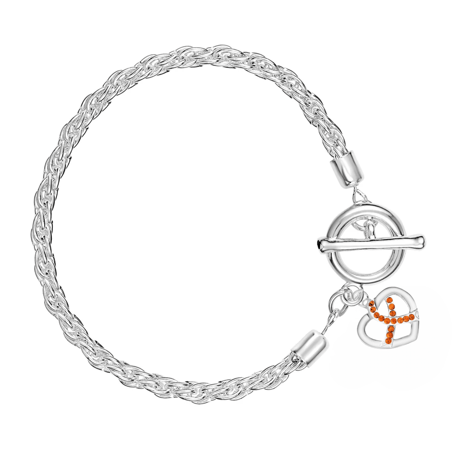 Orange Crystal Ribbon Heart Awareness Silver Rope Bracelets - Fundraising For A Cause
