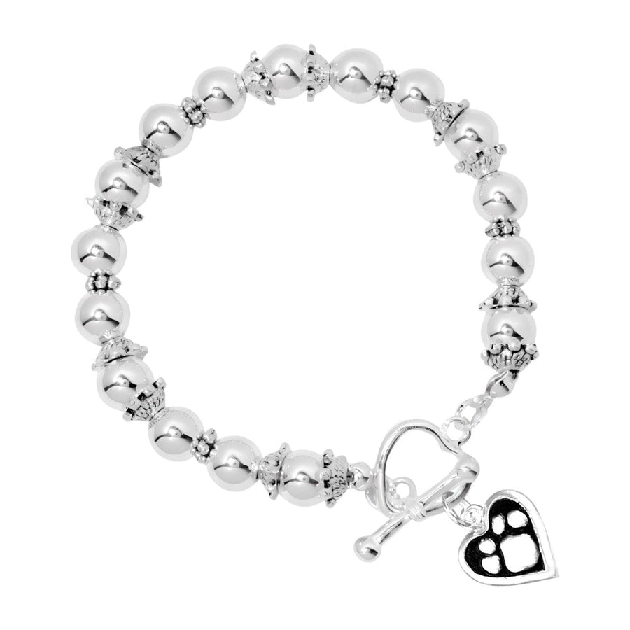 12 Pack Paw Print Heart Charm Silver Beaded Bracelets (12 Bracelets) - Fundraising For A Cause