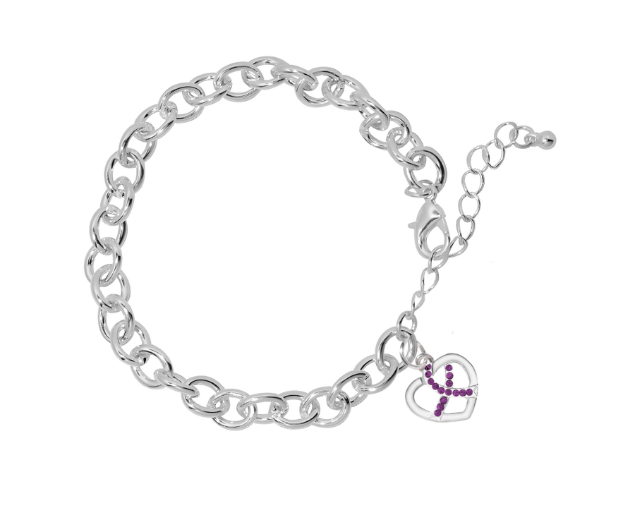 Purple Crystal Heart Ribbon Chunky Charm Bracelets - Fundraising For A Cause