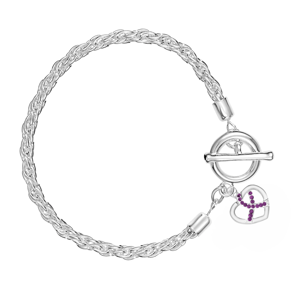 Purple Crystal Ribbon Heart Awareness Silver Rope Bracelets - Fundraising For A Cause