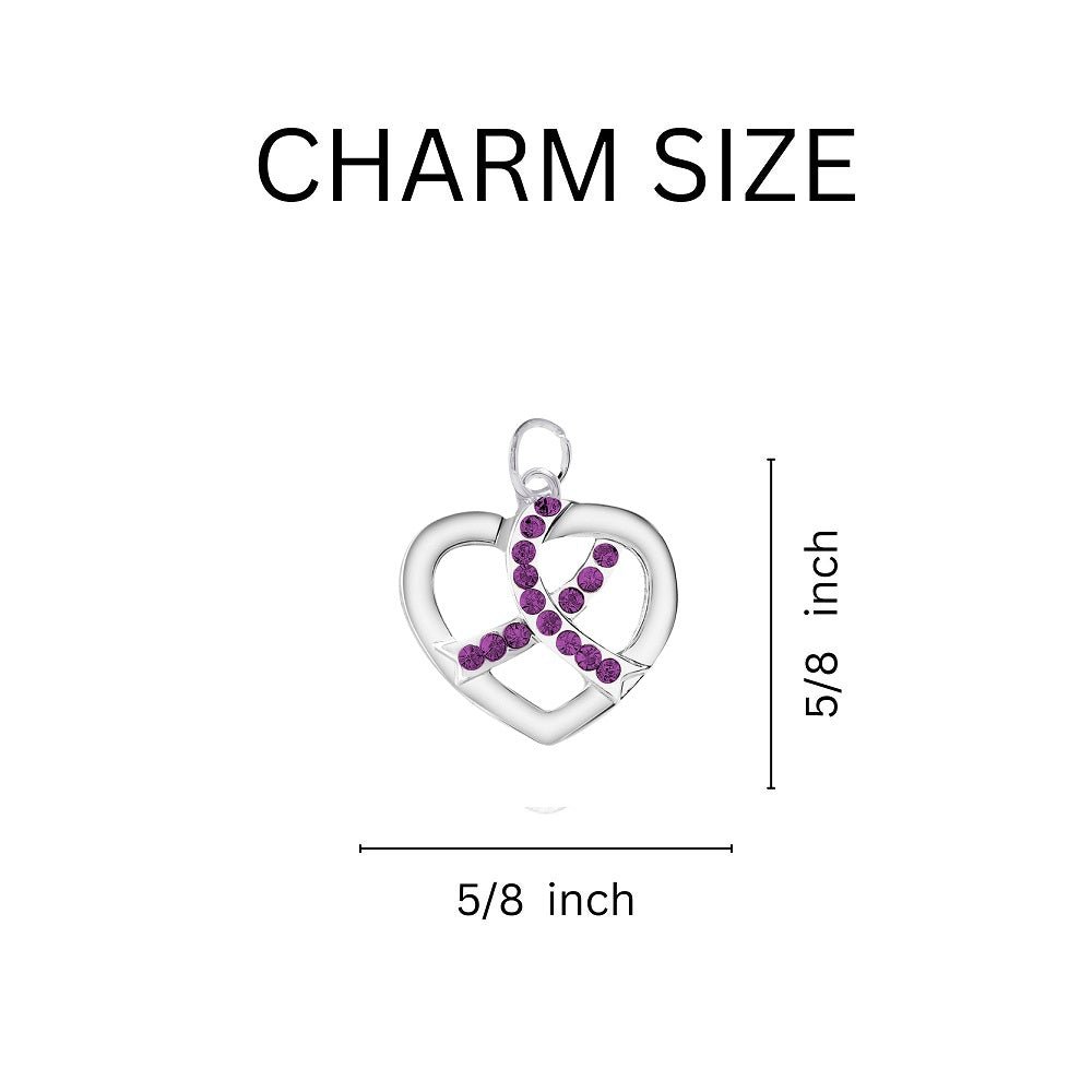 Purple Crystal Ribbon Heart Awareness Silver Rope Bracelets - Fundraising For A Cause