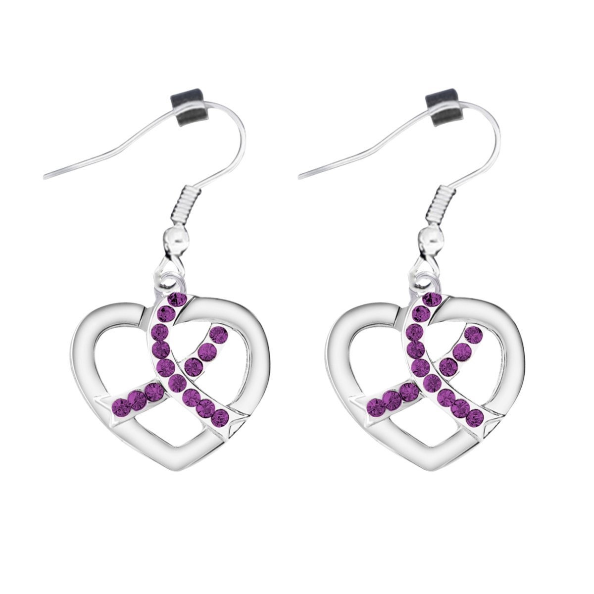 Purple Ribbon Crystal Heart Hanging Earrings - Fundraising For A Cause