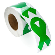 Load image into Gallery viewer, Large Green Ribbon Stickers, Mental Health, Bipolar Disorder, Organ Donation - The Awareness Company 