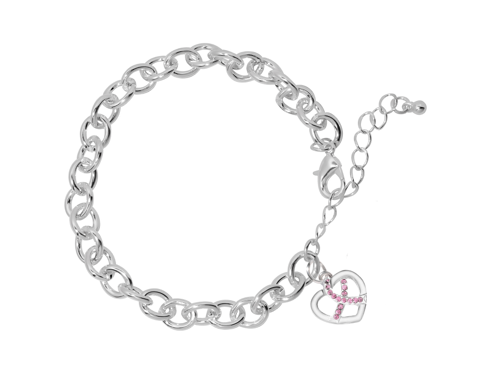 Silver Heart Crystal Ribbon Chunky Charm Bracelets