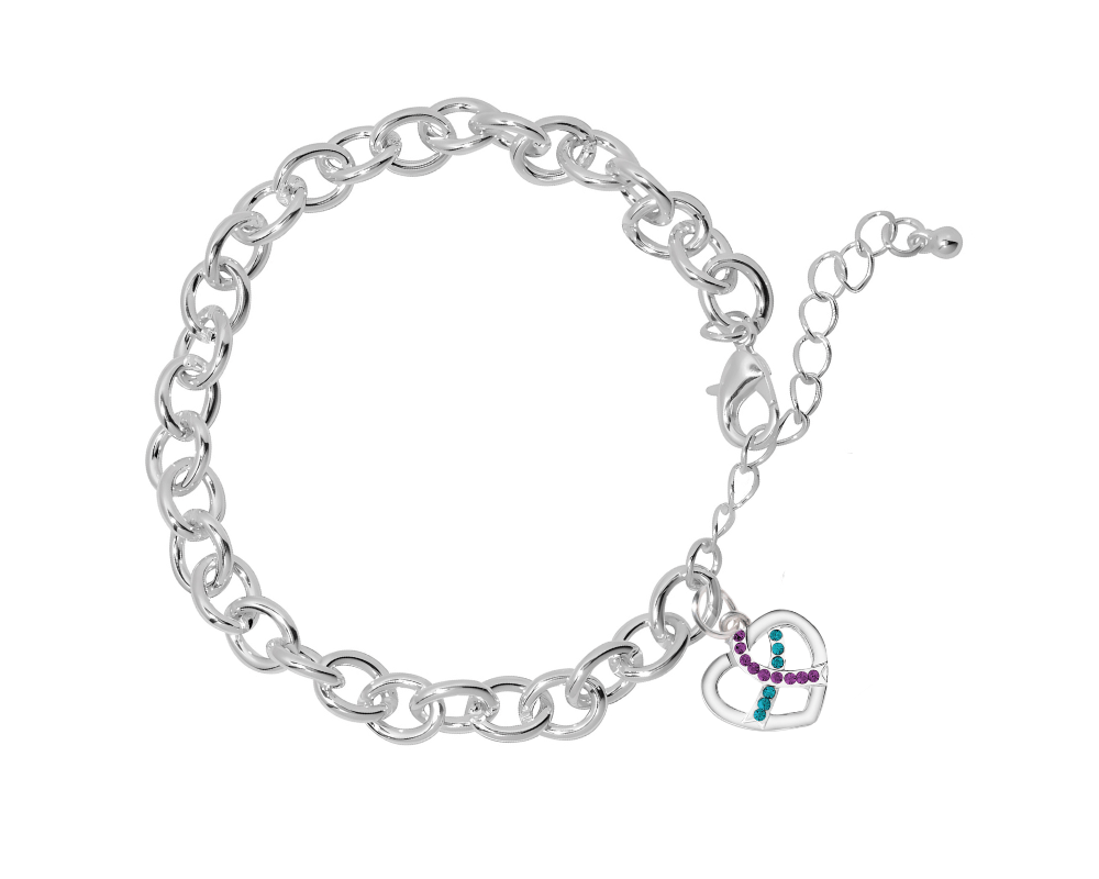 Teal & Purple Crystal Heart Charm Chunky Bracelets - Fundraising For A Cause