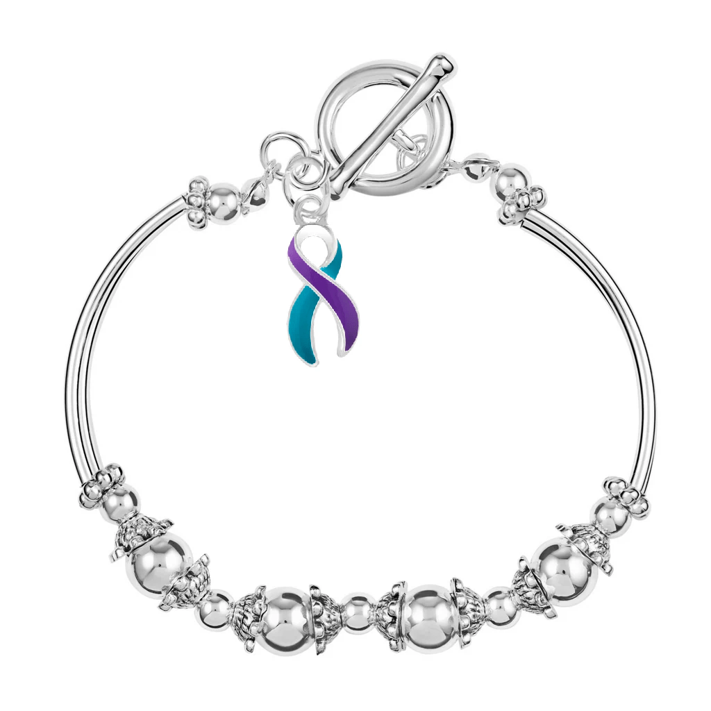 Teal & Purple Ribbon Charm Partial Beaded Bracelets - Fundraising For A Cause