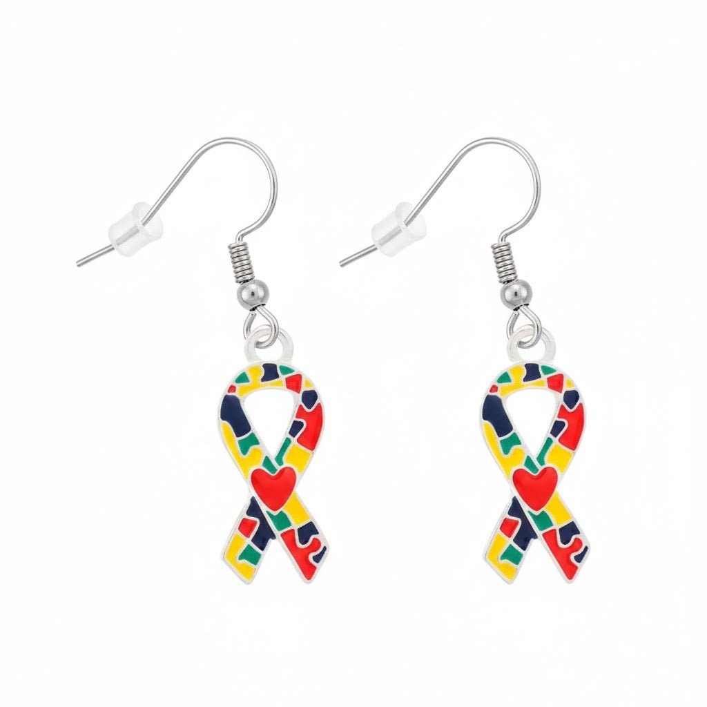 Autism Ribbon with Heart Hanging Earrings - Fundraising For A Cause