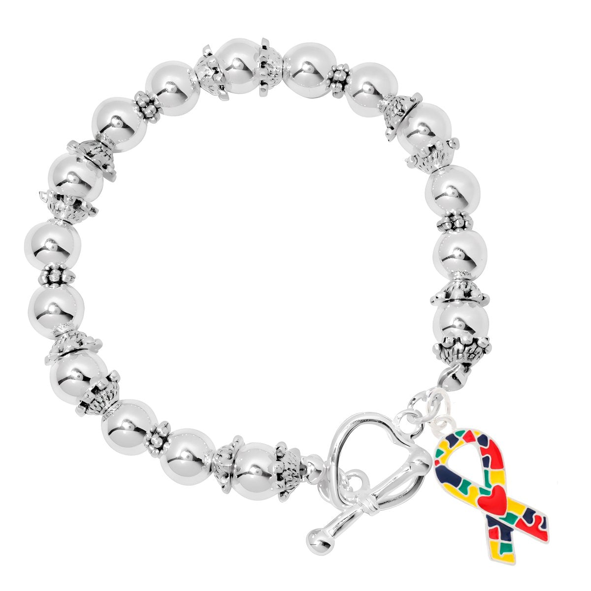 Autism Ribbon with Heart Silver Beaded Bracelets - Fundraising For A Cause