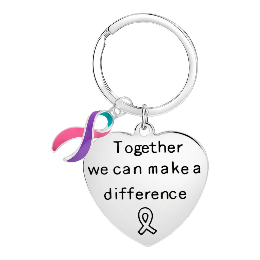 Big Heart Pink & Purple & Teal Ribbon Charm Keychains - Fundraising For A Cause