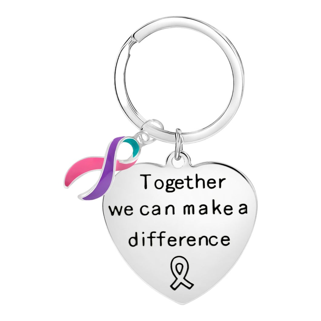 Big Heart Pink & Purple & Teal Ribbon Charm Keychains - Fundraising For A Cause