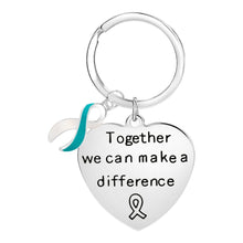 Load image into Gallery viewer, Big Heart Teal &amp; White Ribbon Key Chains - Fundraising For A Cause