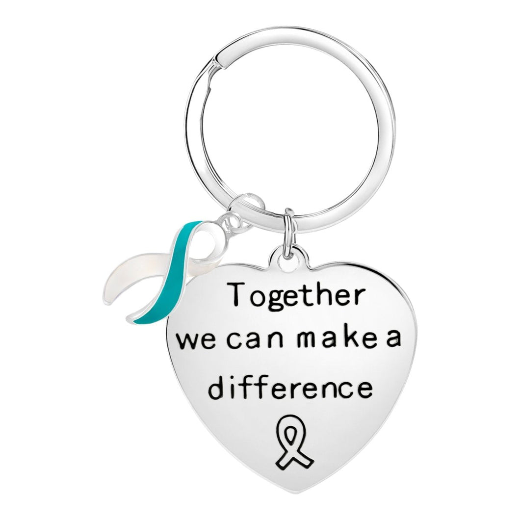 Big Heart Teal & White Ribbon Key Chains - Fundraising For A Cause