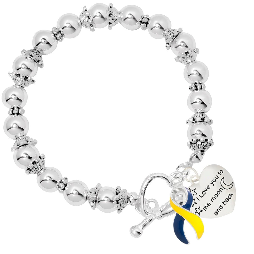 Blue & Yellow Ribbon Love You To The Moon Silver Beaded Bracelets - Fundraising For A Cause