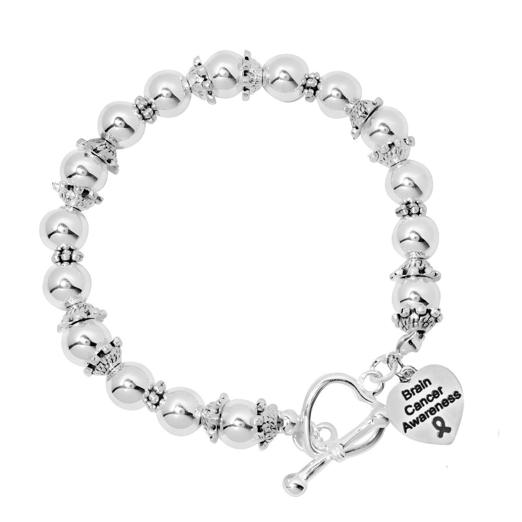 Brain Cancer Heart Awareness Charm Silver Beaded Bracelets - Fundraising For A Cause