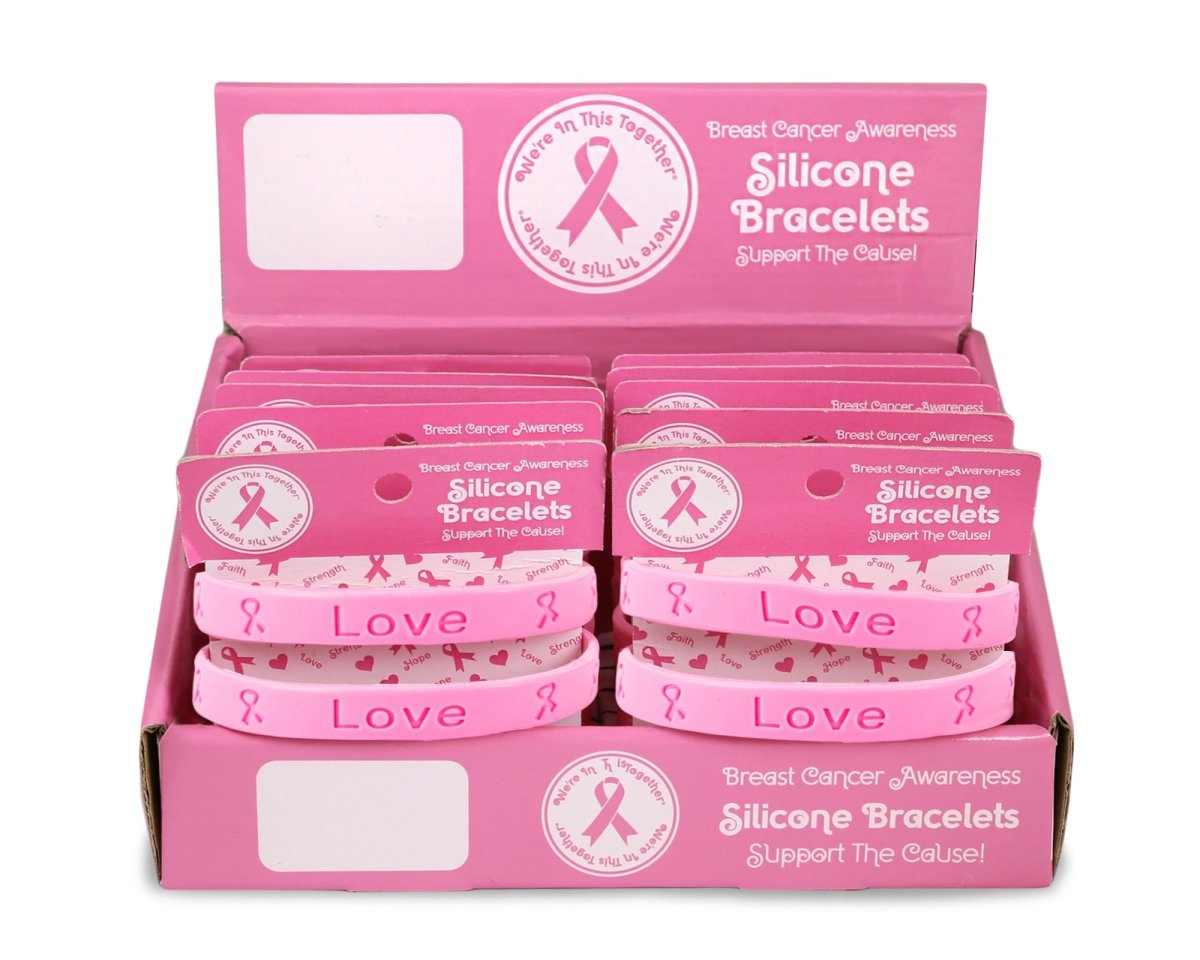 Breast Cancer Awareness Pink Ribbon Silicone Bracelet Counter Display (12 Cards) - Fundraising For A Cause